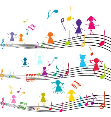 Music note with kids playing with the musical notes